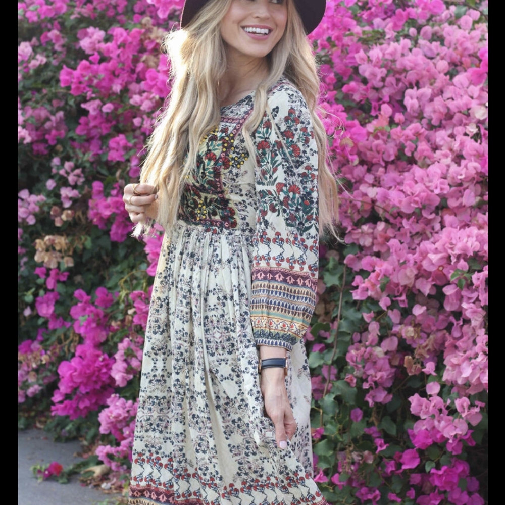 Anthropologie Floral Midi Dress - Cream and Red